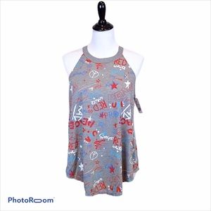 Modern Lux gray with patriotic graffiti print loose fit tank top